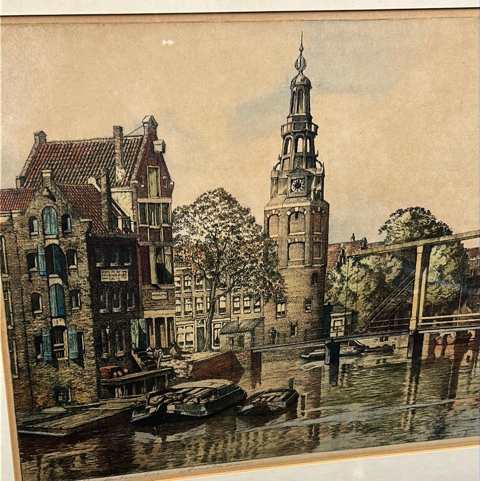 Antique hand colored engraving Amsterdam “Montelbaanstoren”