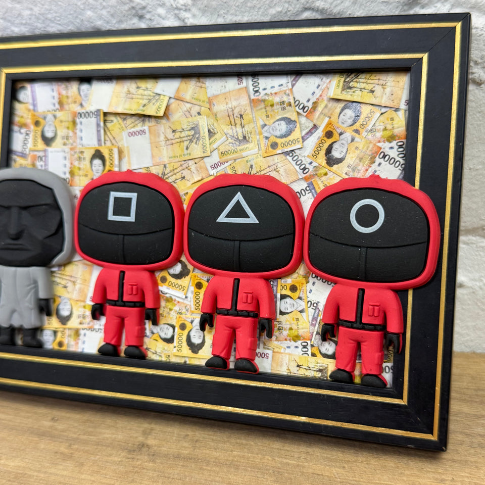 Squid Art Game characters on Korean Won Money artwork