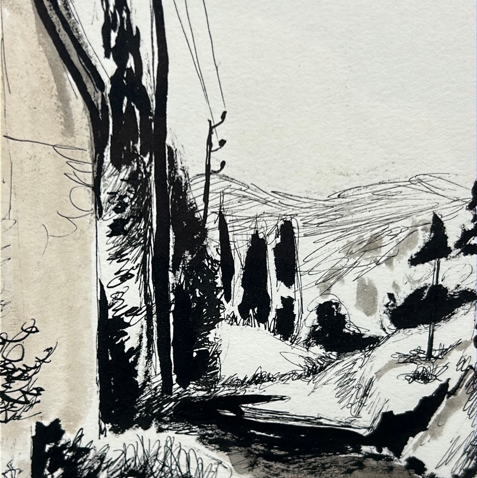 Ink painting of a small Italian mountain village