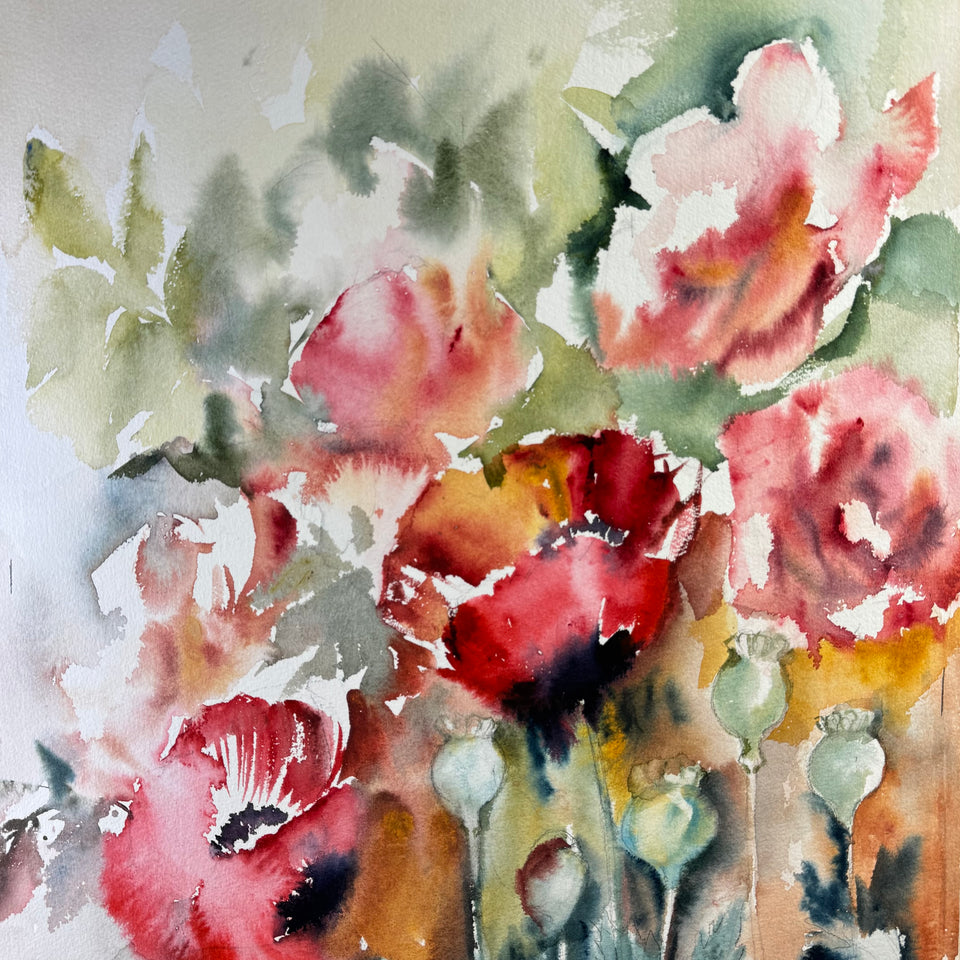 Large watercolor painting: Abstract Flowers by Coraline Bäcker