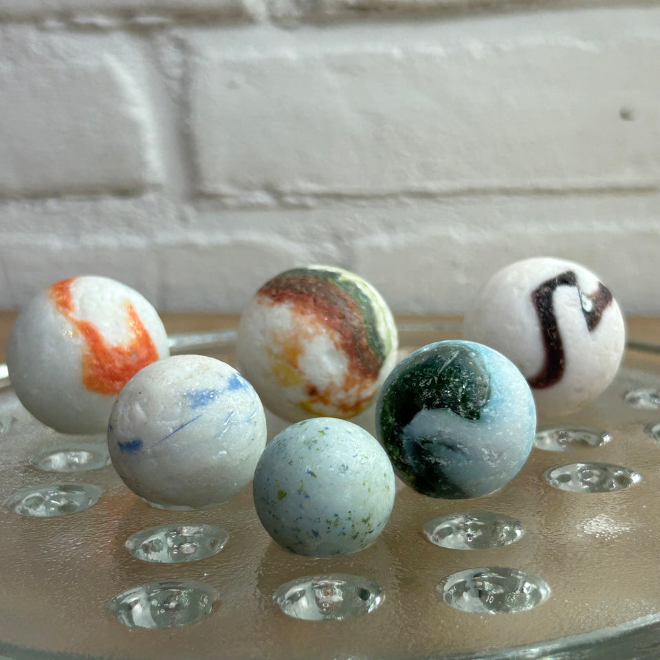 White opaque and milk Sea Glass marbles set of 6 sea marbles