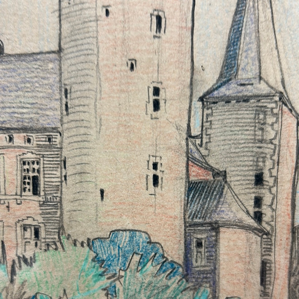 Kasteel te Hoensbroeck 1925 - Color pencil drawing of a castle in the Netherlands