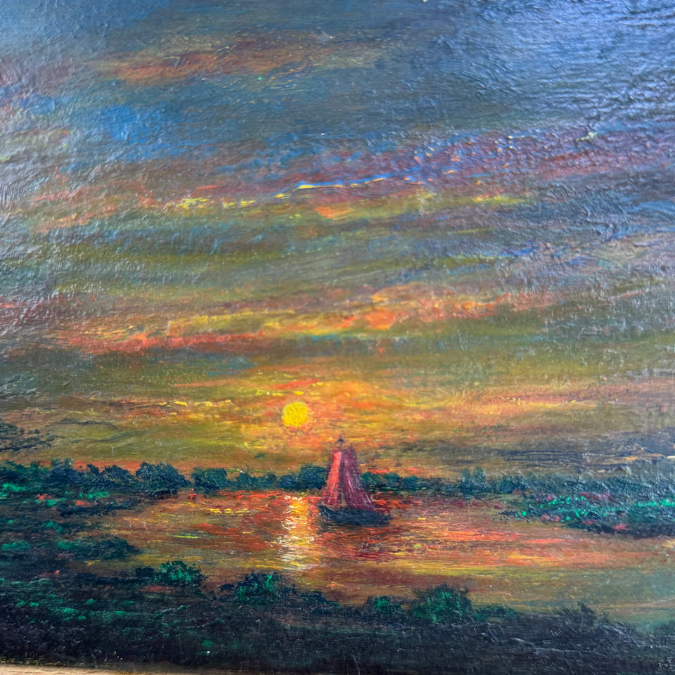 Sunset in Holland - Oil painting on wooden panel by Dutch painter Jan Bakker