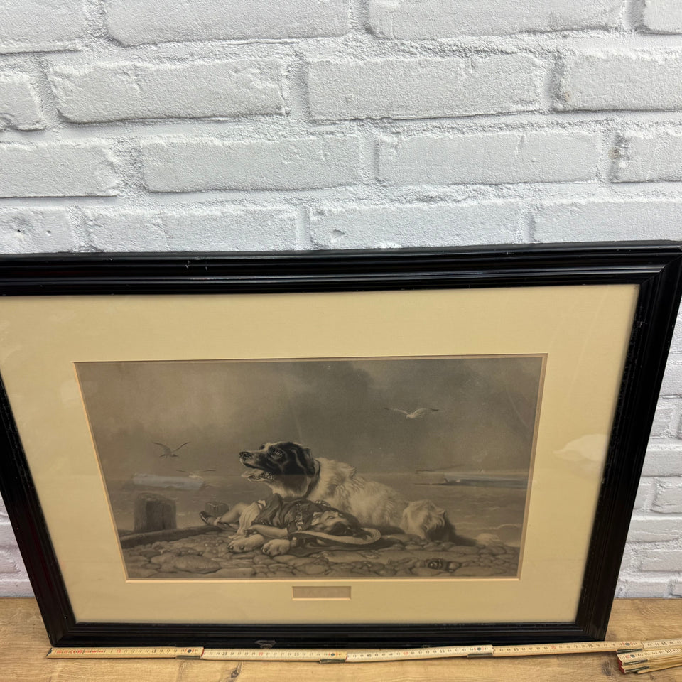 Antique Edwin Henry Landseer "He is Saved" Framed Currier and Ives Dog Lithograph print