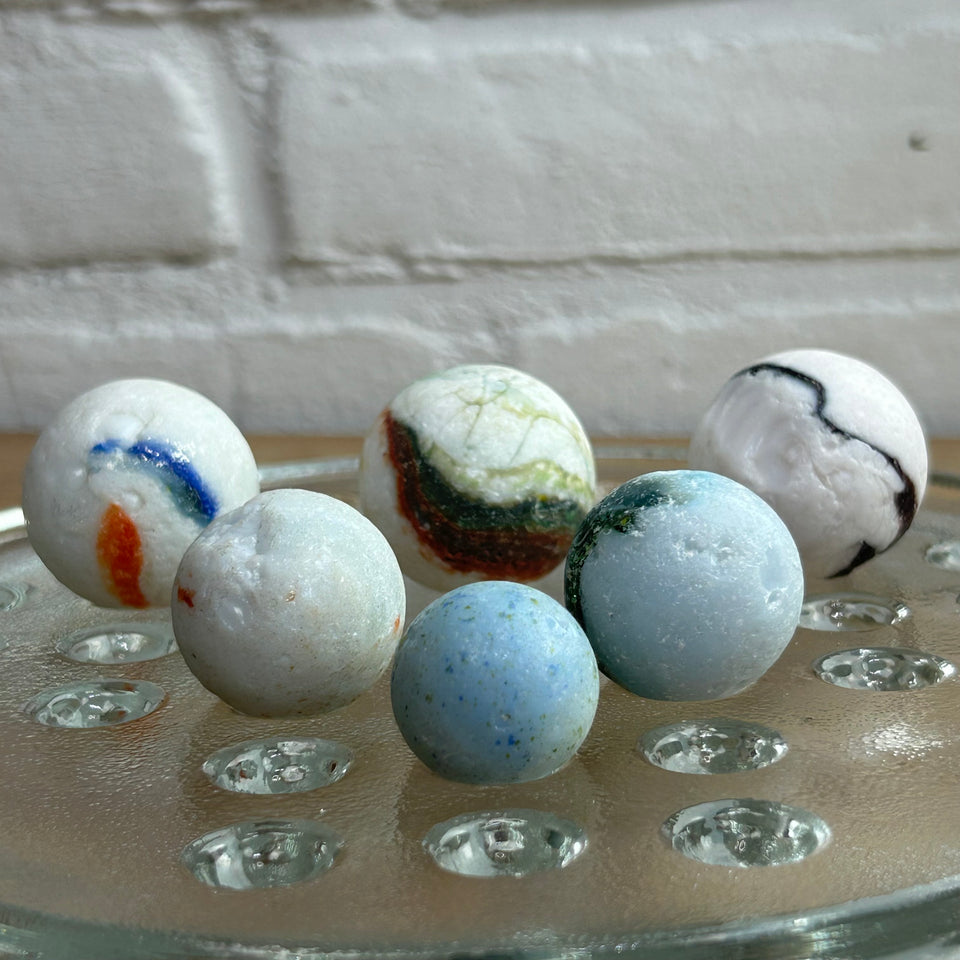White opaque and milk Sea Glass marbles set of 6 sea marbles