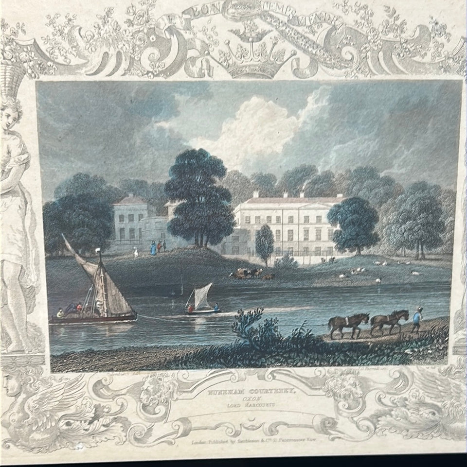 Nuneham House Oxon Lord Harcourts London 1834 print in antique black glass frame