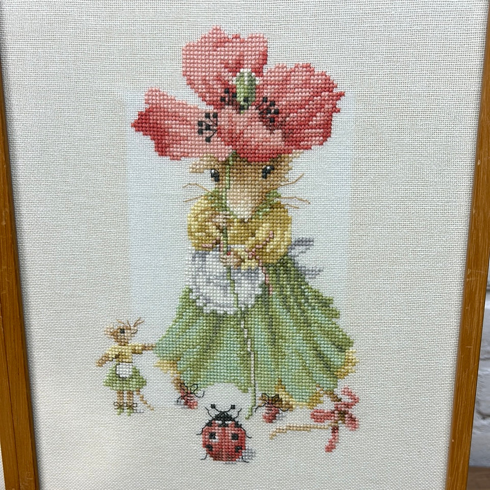 Vintage Mouse - 4 seasons - Embroidery complete set of 4 - Childrens room - Tapestry Mouse - Patchwork - Cotton work - Framed behind glass