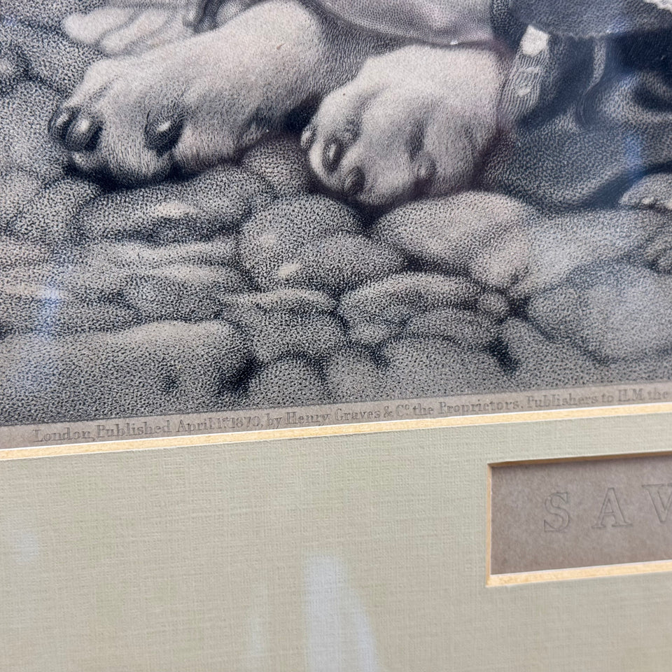 Antique Edwin Henry Landseer "He is Saved" Framed Currier and Ives Dog Lithograph print