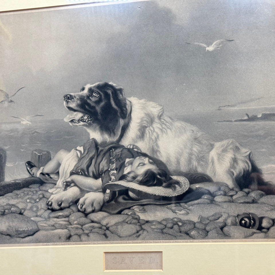 Antique Edwin Henry Landseer "He is Saved" Framed Currier and Ives Dog Lithograph print