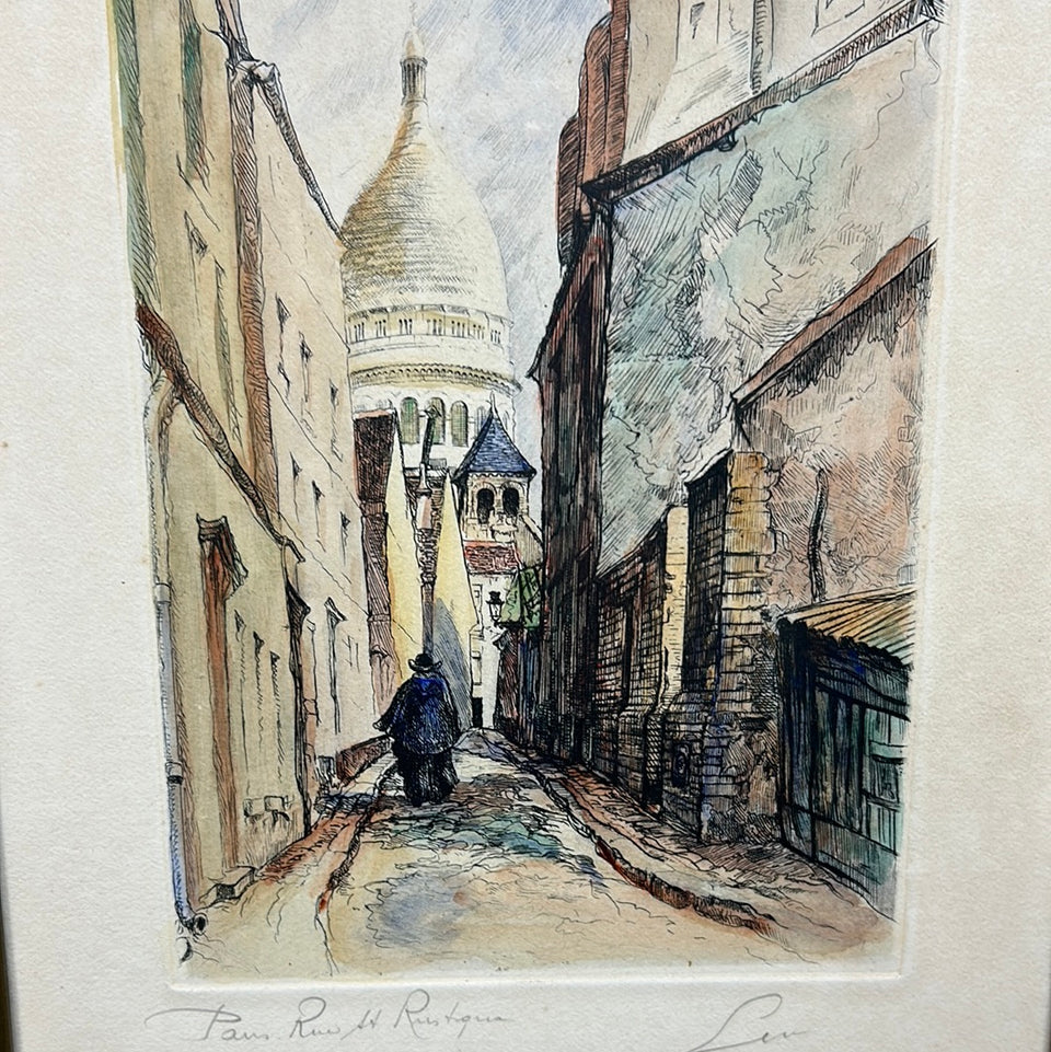 Framed Colored etching Paris “Rue Saint-Rustique à Montmartre”