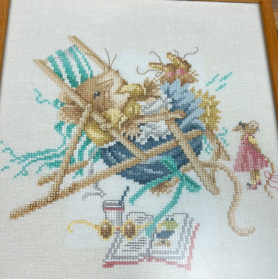 Vintage Mouse - 4 seasons - Embroidery complete set of 4 - Childrens room - Tapestry Mouse - Patchwork - Cotton work - Framed behind glass