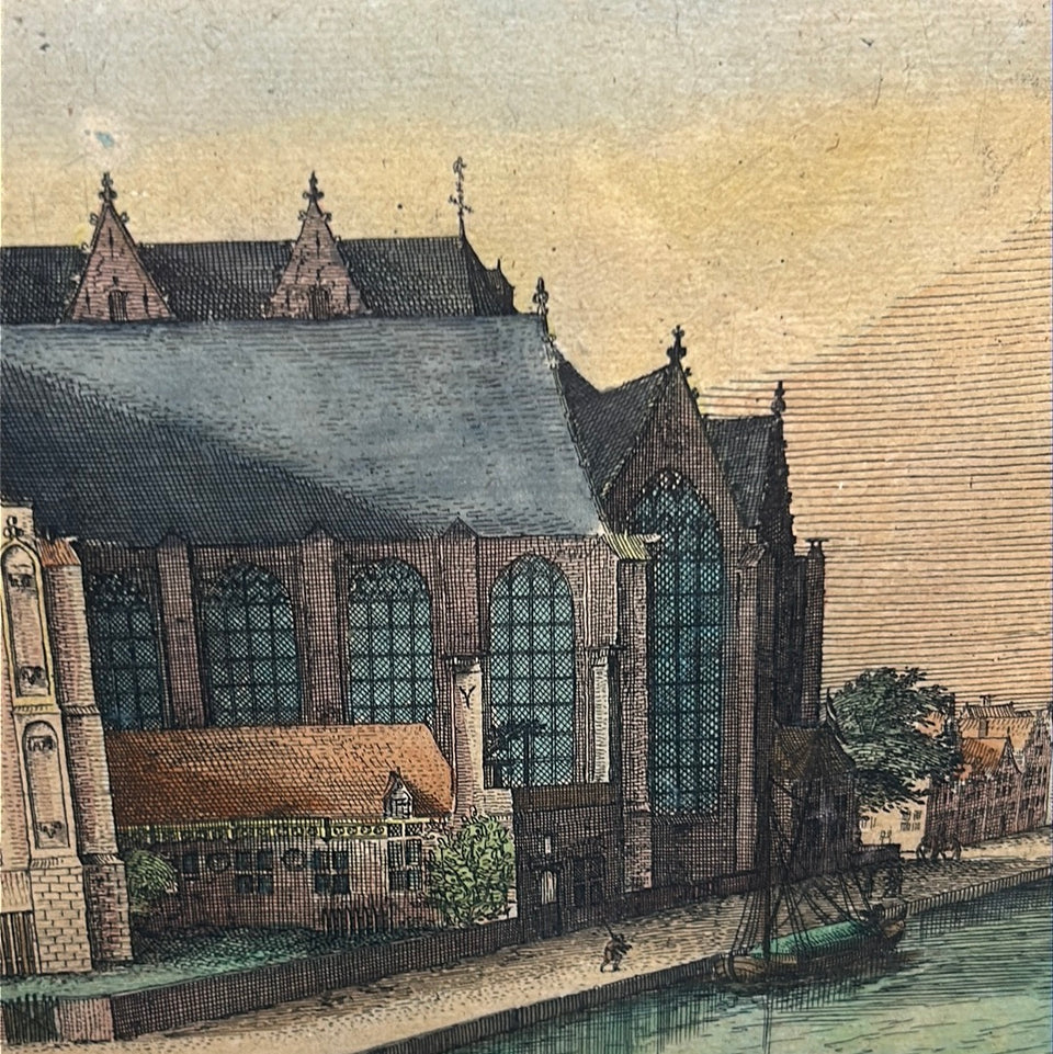Antique 1692 original hand colored engraving Amsterdam “S. Nicolaes ofte Ouwe Kerk” by Isaac Commelin