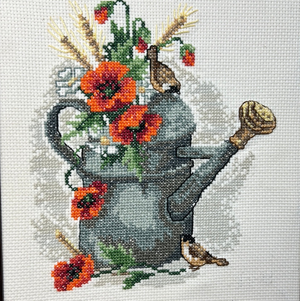 Flowers in a antique watering can - Embroidery - Tapestry - Patchwork - Cotton work - Framed
