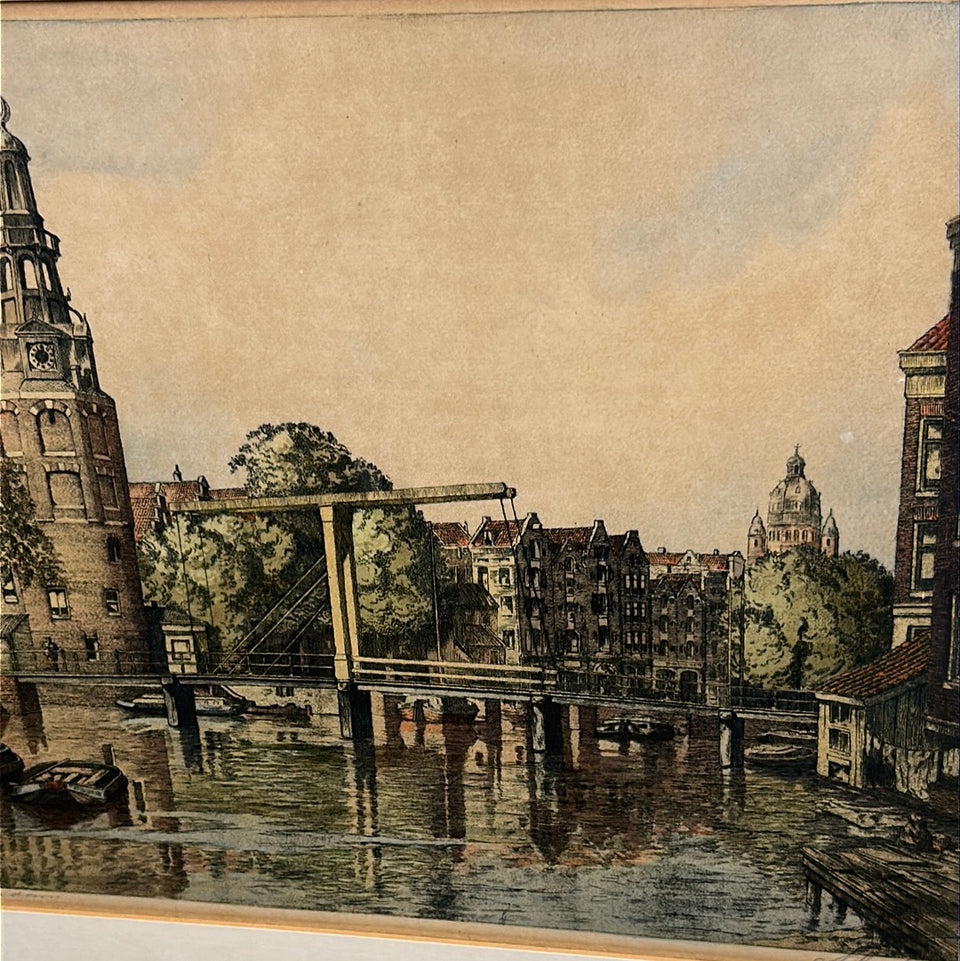Antique hand colored engraving Amsterdam “Montelbaanstoren”