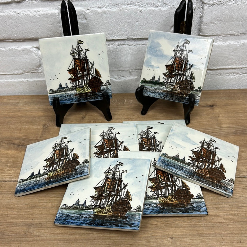 A set of 2 hand painted Dutch Sailing Ships - Ceramic Tiles - Also available in larger sets