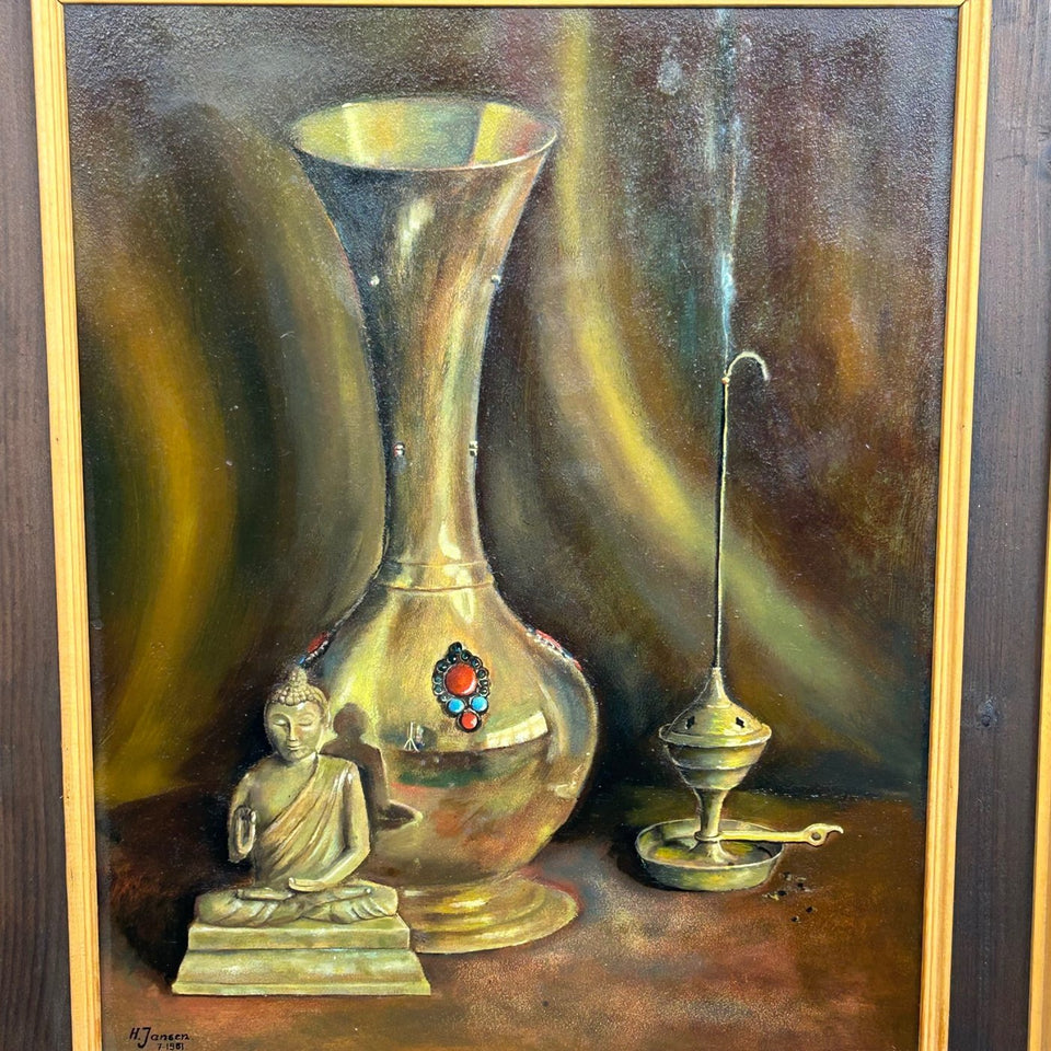 H. Janssen (20th century) - Still life with buddha and shiny vase and incense burner