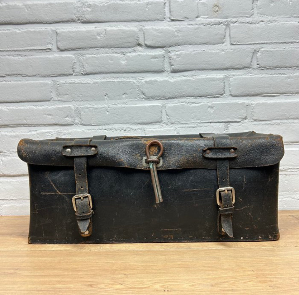 Antique leather doctor bag with wooden base