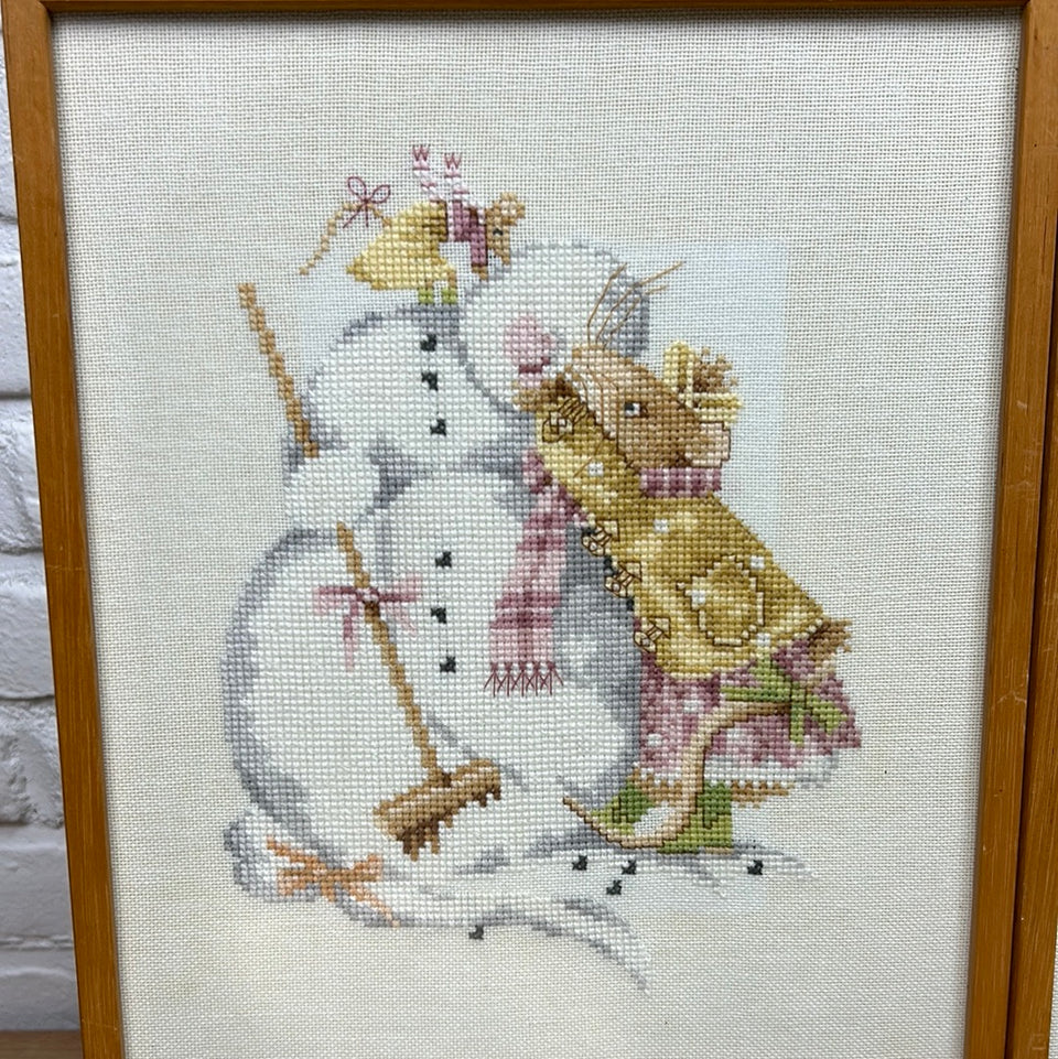 Vintage Mouse - 4 seasons - Embroidery complete set of 4 -  Childrens room - Tapestry Mouse - Patchwork - Cotton work - Framed behind glass