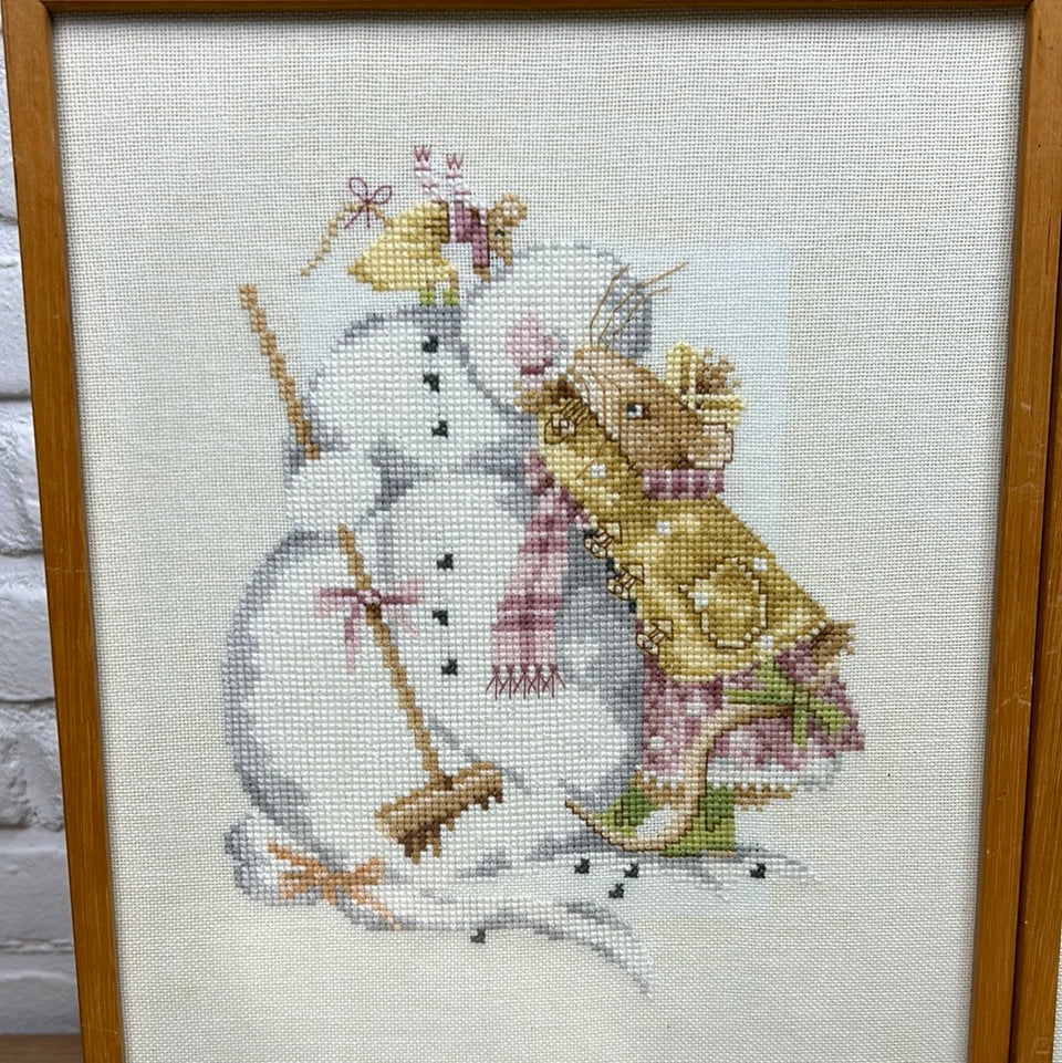 Vintage Mouse - 4 seasons - Embroidery complete set of 4 - Childrens room - Tapestry Mouse - Patchwork - Cotton work - Framed behind glass