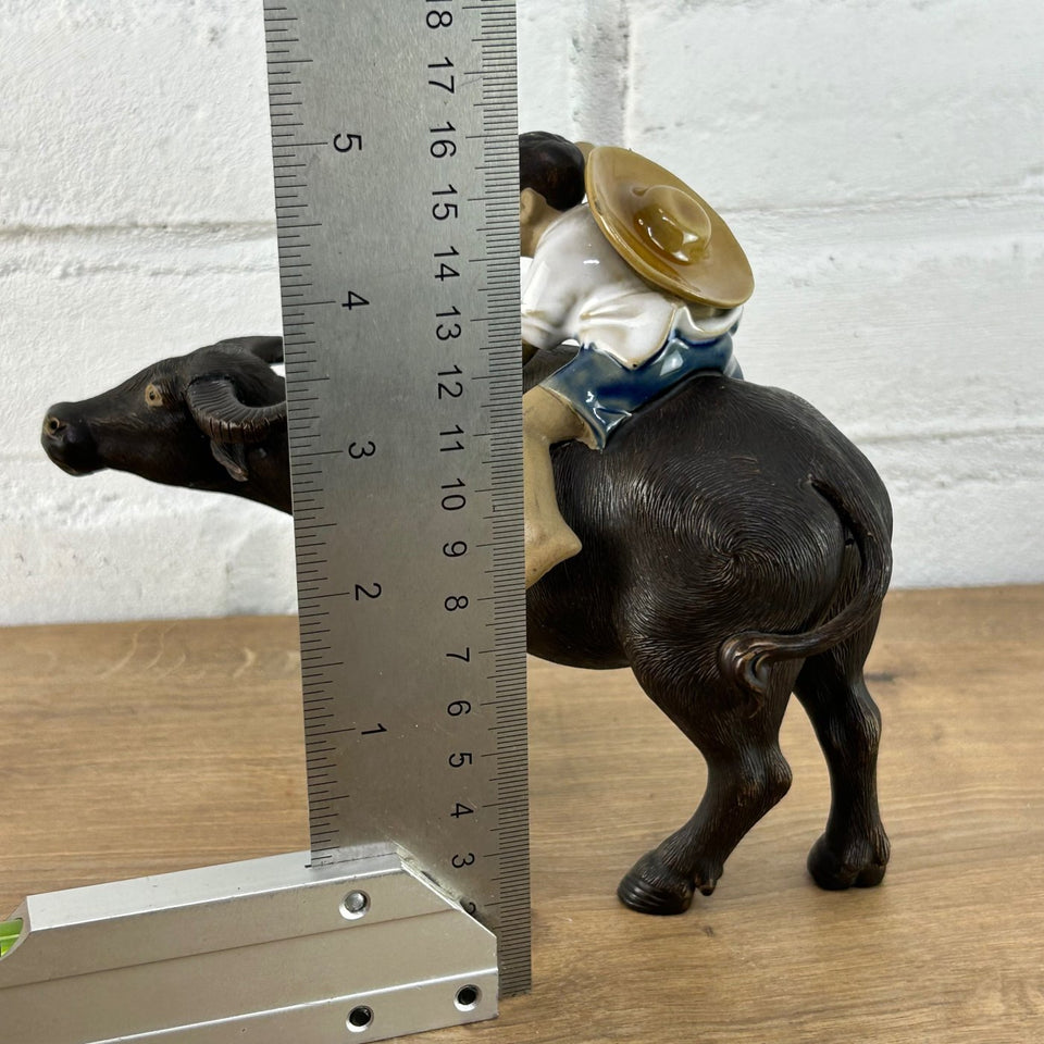 Shiwan Mudman Pottery Ceramic -  Boy and girl riding water buffalo's