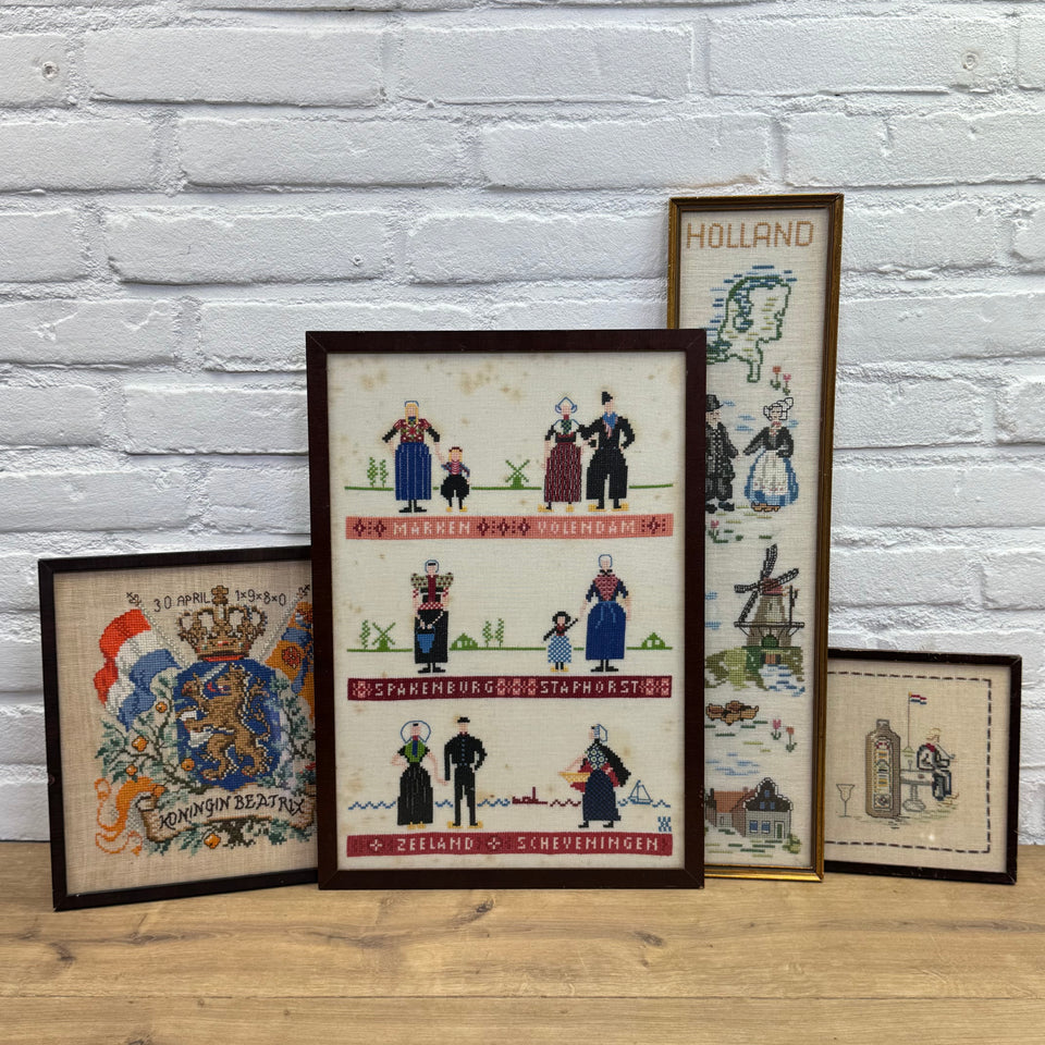 Set of 4 Holland themed Embroideries - Cottonwork from Holland - Framed