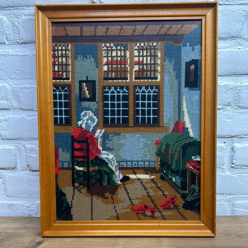 Vintage Vermeer painting of woman reading book - Embroidery - Cottonwork - Framed