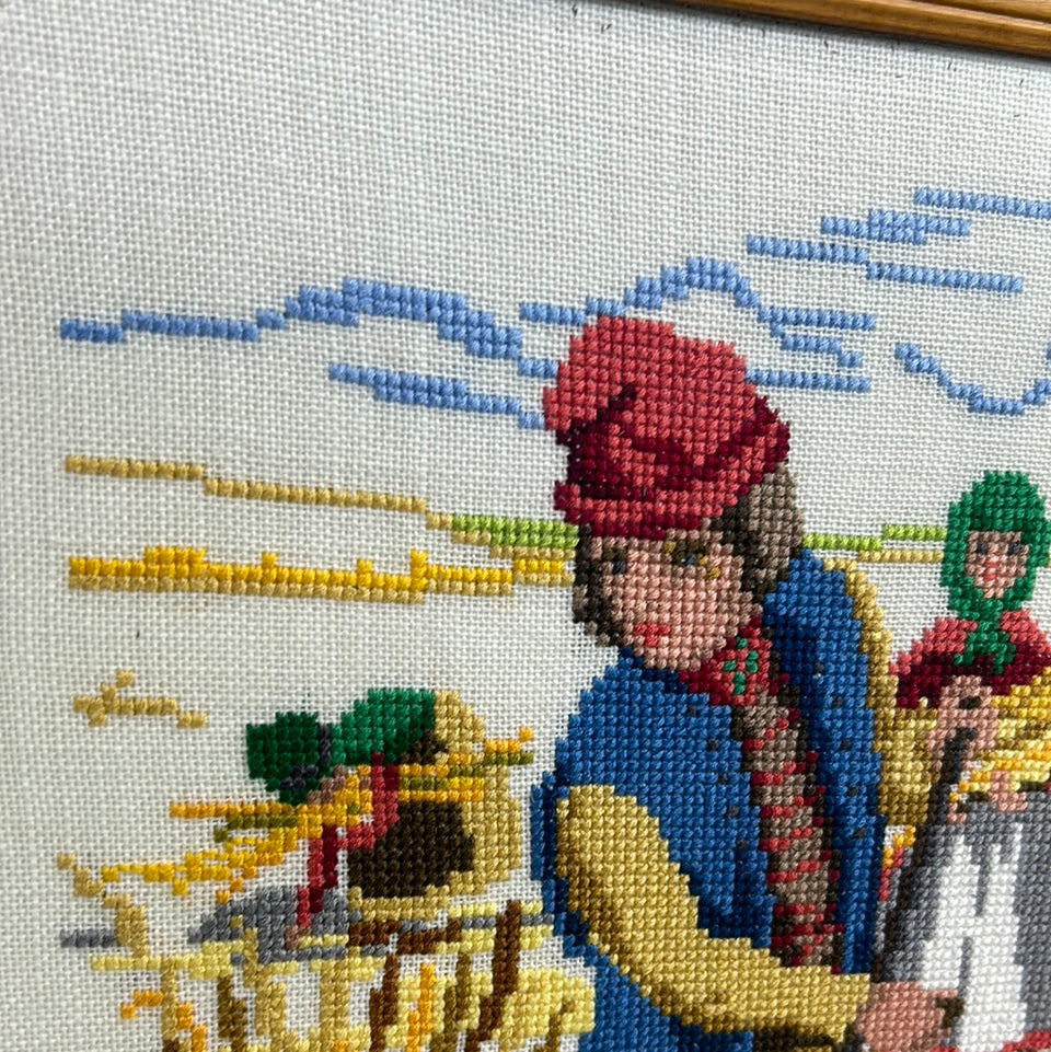 Vintage Dutch Farmers Larger Embroidery - Tapestry - Patchwork - Cotton work - Framed