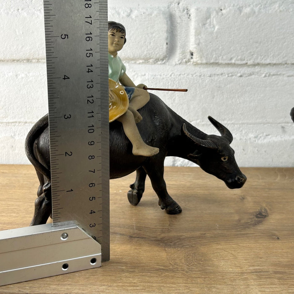 Shiwan Mudman Pottery Ceramic -  Boy and girl riding water buffalo's