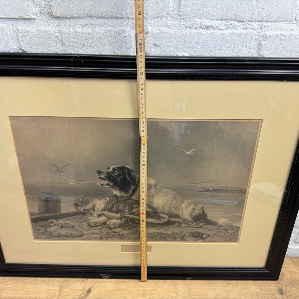 Antique Edwin Henry Landseer "He is Saved" Framed Currier and Ives Dog Lithograph print
