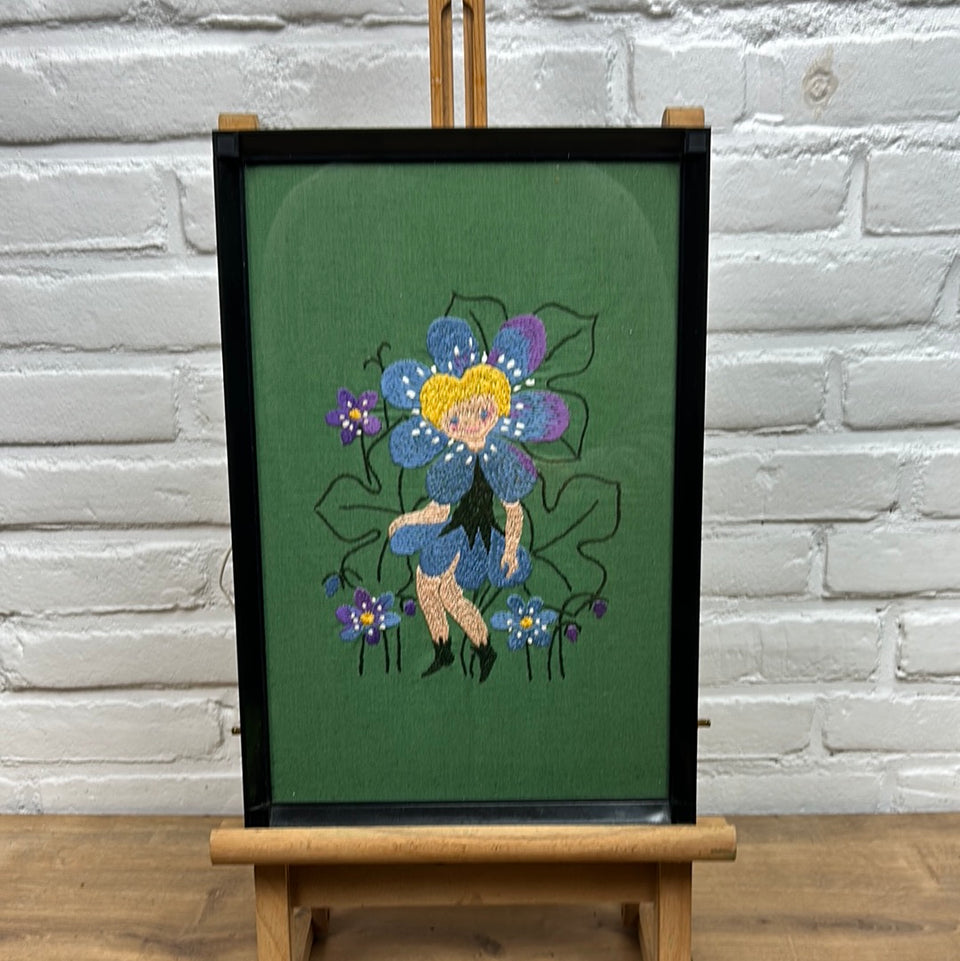 Colourful flower girl on dark background - Vintage Embroidery - Tapestry - Patchwork - Cotton work - Framed