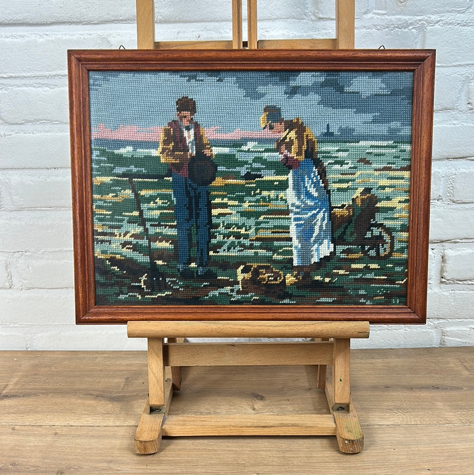 Vintage Farmers Larger Embroidery - Tapestry - Patchwork - Cotton work - Framed