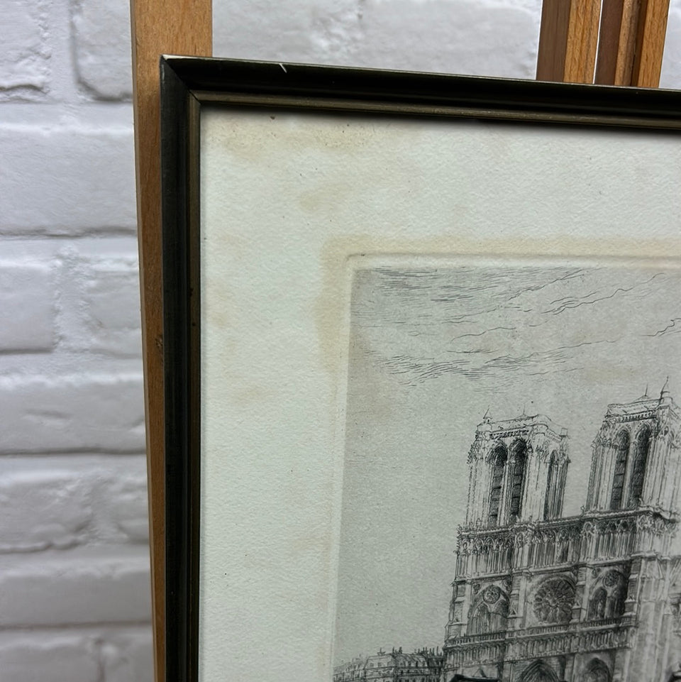 Framed etching Paris “Les Bouquinistes Notre Dame “