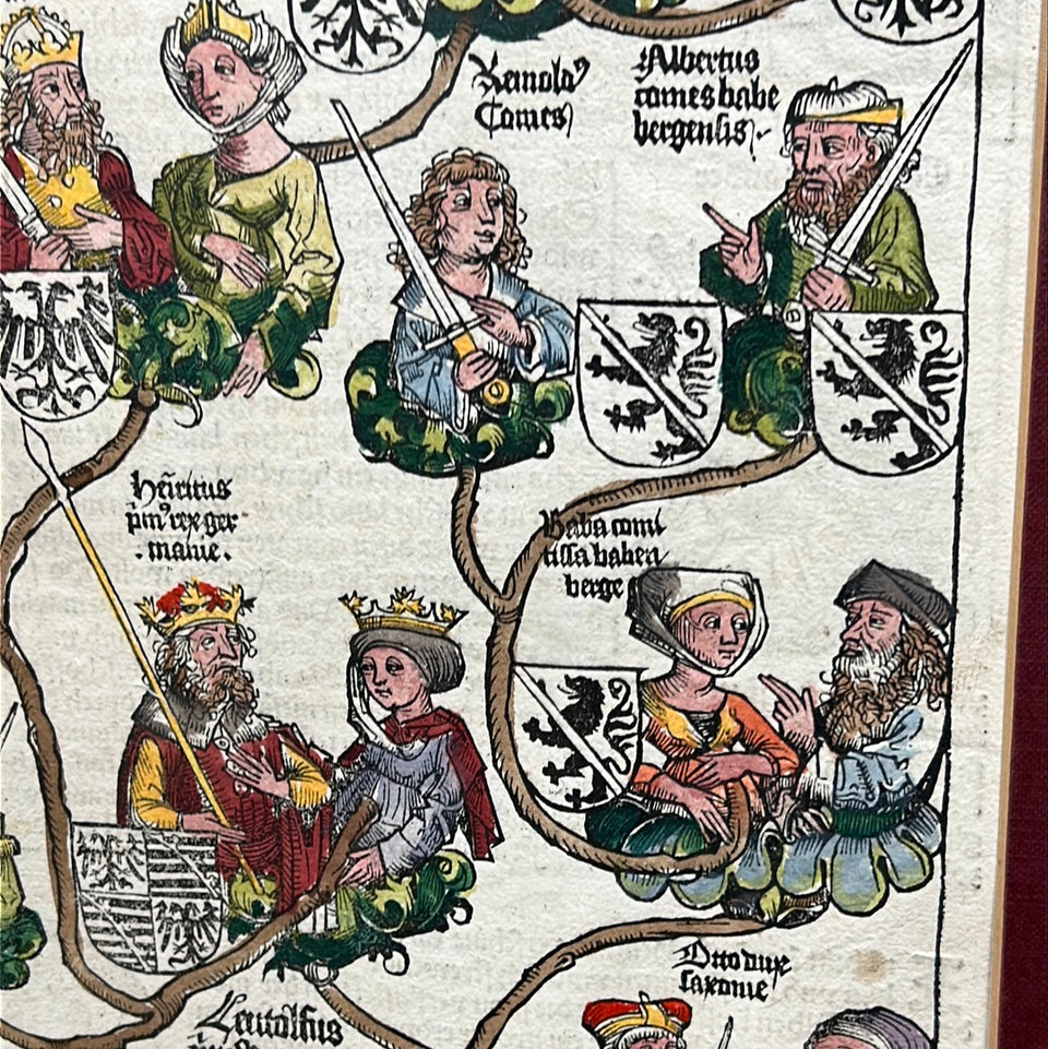 15th Century original Nuremberg Chronicles leaf - Genealogy of Henry II