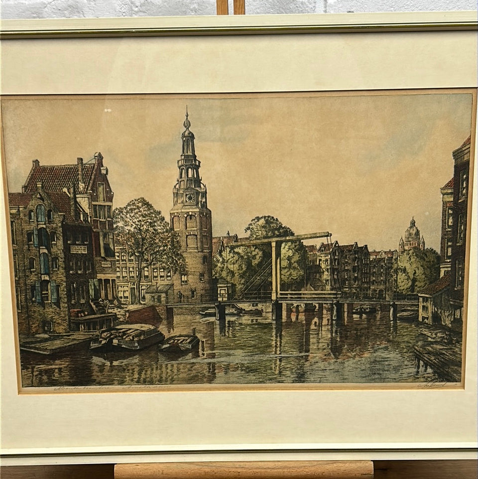 Antique hand colored engraving Amsterdam “Montelbaanstoren”