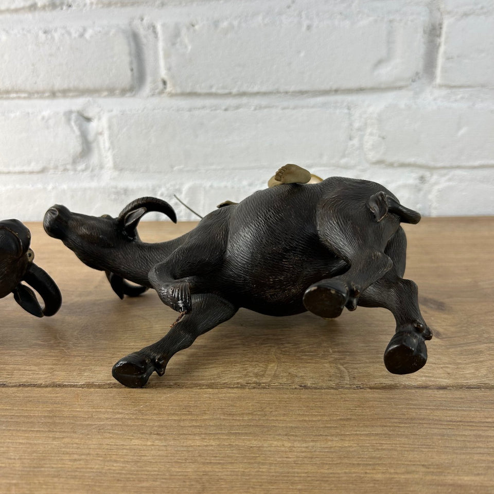 Shiwan Mudman Pottery Ceramic -  Boy and girl riding water buffalo's