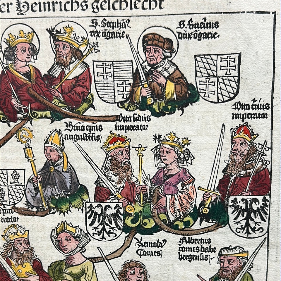 15th Century original Nuremberg Chronicles leaf - Genealogy of Henry II