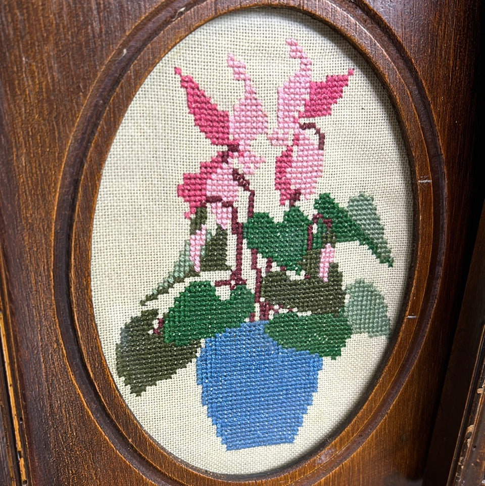 Set of 3 embroideries of a Cactus and Flowers - Embroidery - Tapestry - Patchwork - Cottonwork