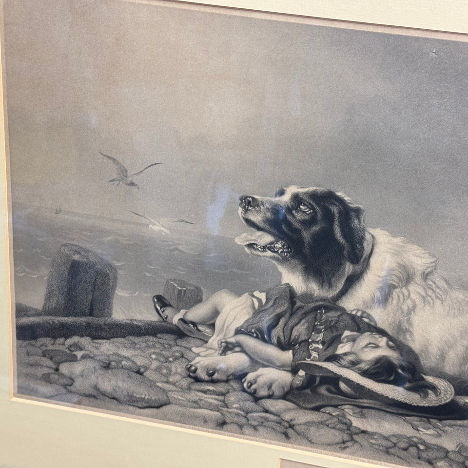 Antique Edwin Henry Landseer "He is Saved" Framed Currier and Ives Dog Lithograph print