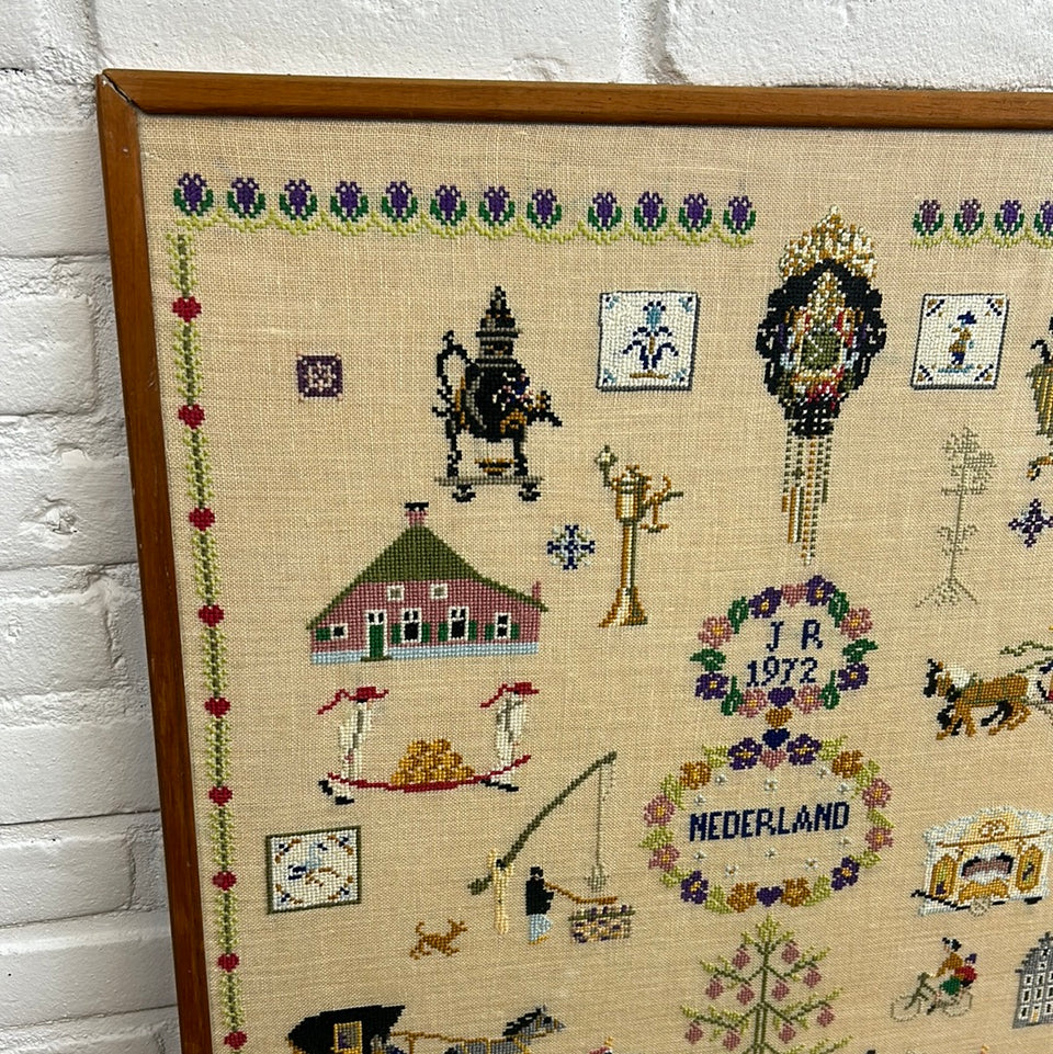 Large Vintage Sampler Holland - Embroidery - Cottonwork - Tapestry Sampler - Framed behind glass