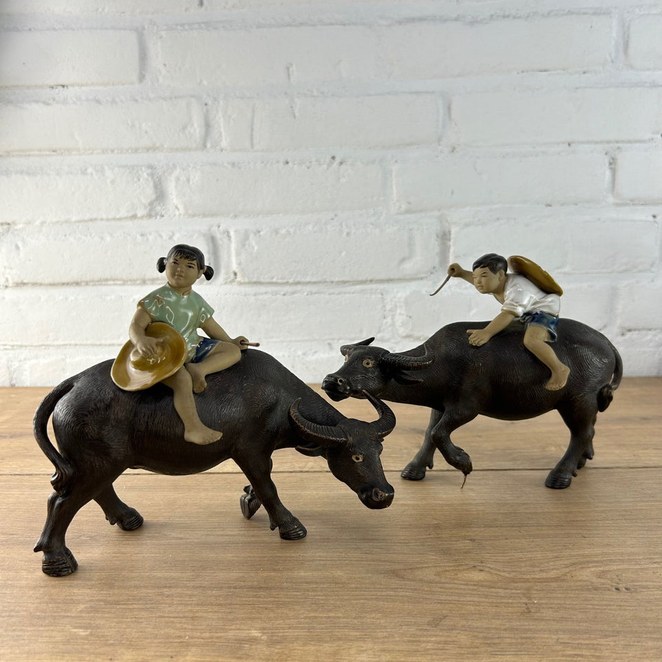Shiwan Mudman Pottery Ceramic -  Boy and girl riding water buffalo's
