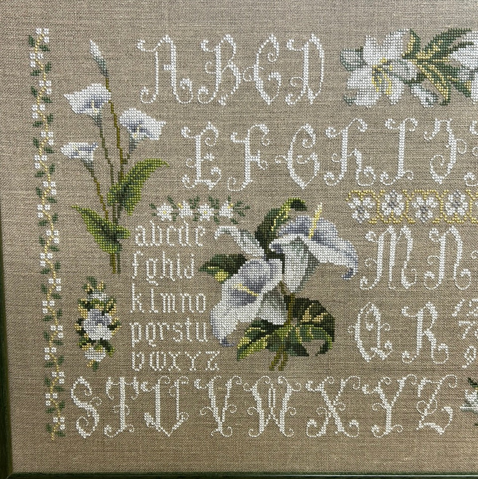 Vintage Alphabet Tapestry with flowers - Floral Embroidery - Cottonwork - Framed