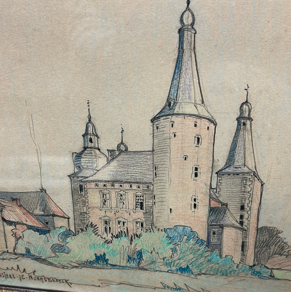 Kasteel te Hoensbroeck 1925 - Color pencil drawing of a castle in the Netherlands