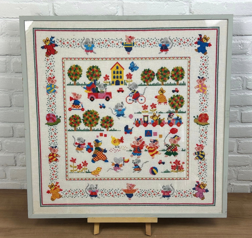 Large Vintage Embroidery - Wall decoration Childrens room  - Cottonwork - framed