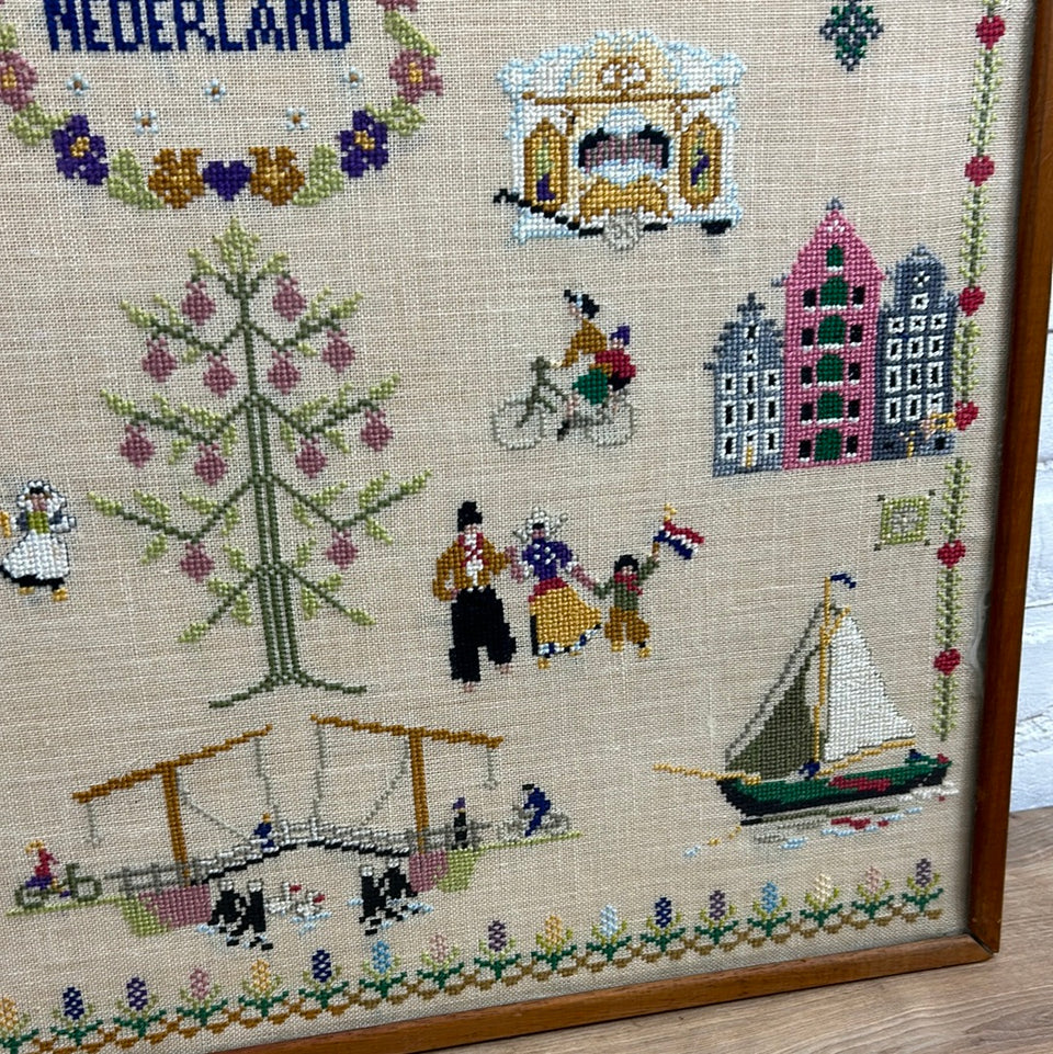 Large Vintage Sampler Holland - Embroidery - Cottonwork - Tapestry Sampler - Framed behind glass