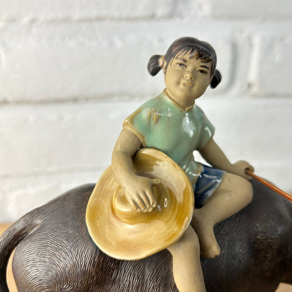 Shiwan Mudman Pottery Ceramic -  Boy and girl riding water buffalo's