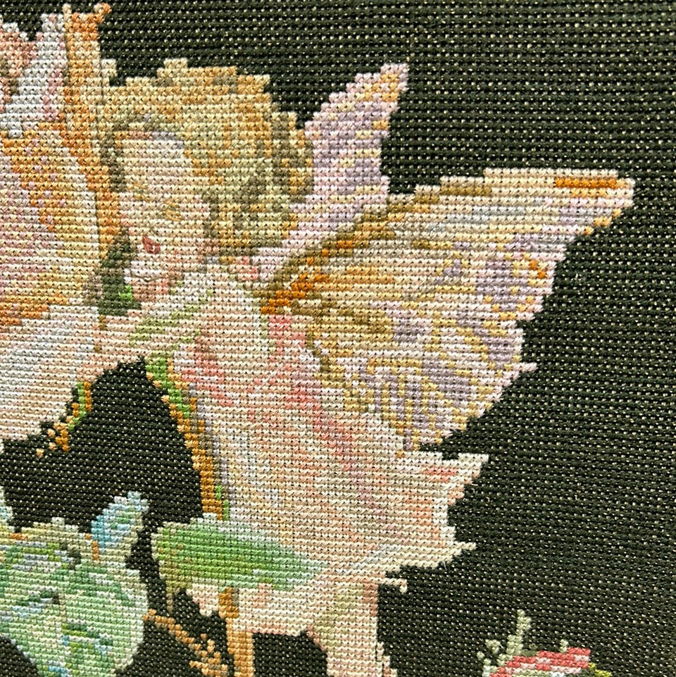 Vintage rose with angel - Embroidery - Tapestry - Patchwork - Cotton work - Framed