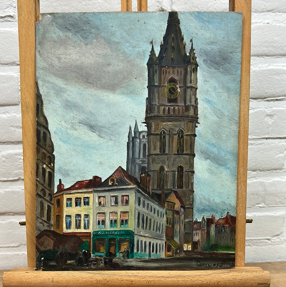 Oil painting City Scene on a wooden panel by J. Goossens 1945