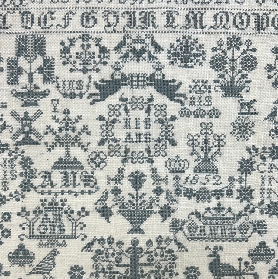 Large 1852 Sampler pattern in blue frame- Tapestry - Embroidery - Cottonwork