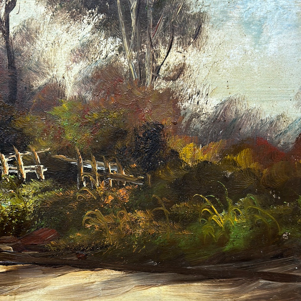Large horizontal oil painting with a farm and horses