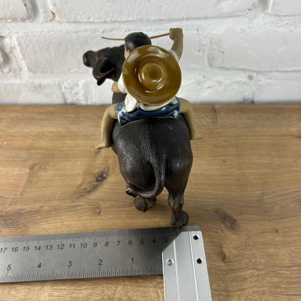 Shiwan Mudman Pottery Ceramic -  Boy and girl riding water buffalo's